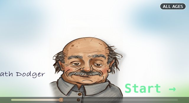 Game Intro screen: Death Dodger's title screen, a drawn portrait of an old man with a Start arrow and an All ages rating badge