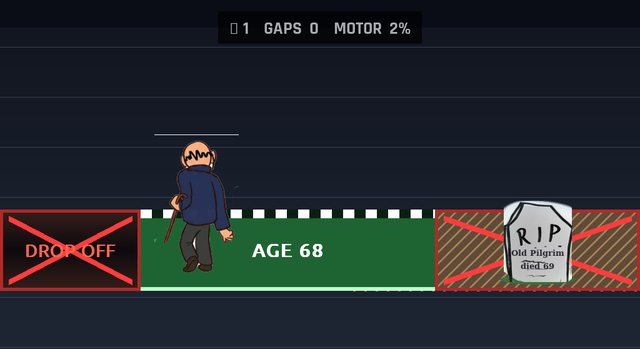 Game play: Death Dodger, an old man with a cane walking along a path toward a tombstone